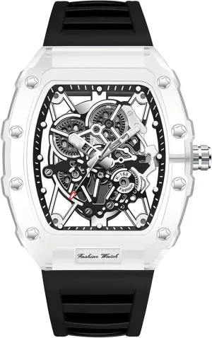 Hollowed Men Watches Tonneau Transparent Analog Display wrap Silicone Strap Calendar Quartz Waterproof Trend Male Wrist Watch Gosasa Fashion 