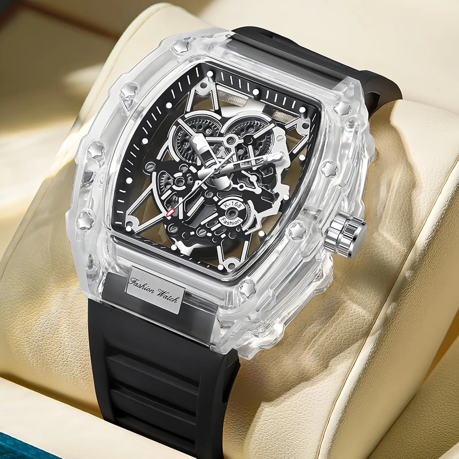 Hollowed Men Watches Tonneau Transparent Analog Display wrap Silicone Strap Calendar Quartz Waterproof Trend Male Wrist Watch Gosasa Fashion 