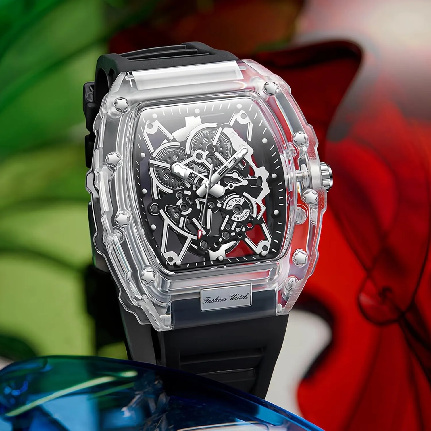 Hollowed Men Watches Tonneau Transparent Analog Display wrap Silicone Strap Calendar Quartz Waterproof Trend Male Wrist Watch Gosasa Fashion 