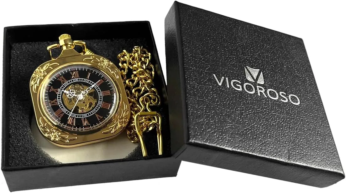 incorporate clan chest recess untold civil Men & Women VIGOROSO Mens Classic Steampunk Pocket Watch with Chain Skeleton Hand Wind Mechanical Pocket Watches for 