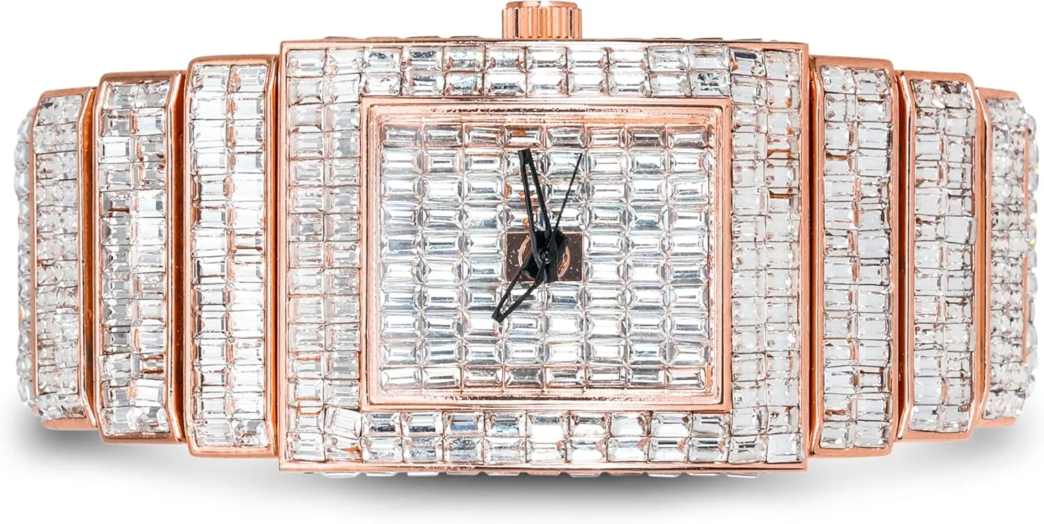 incur plot Dial and Band Techno Pave Women's 30mm Fully Iced Out Square Diamond Watch, Baguette 