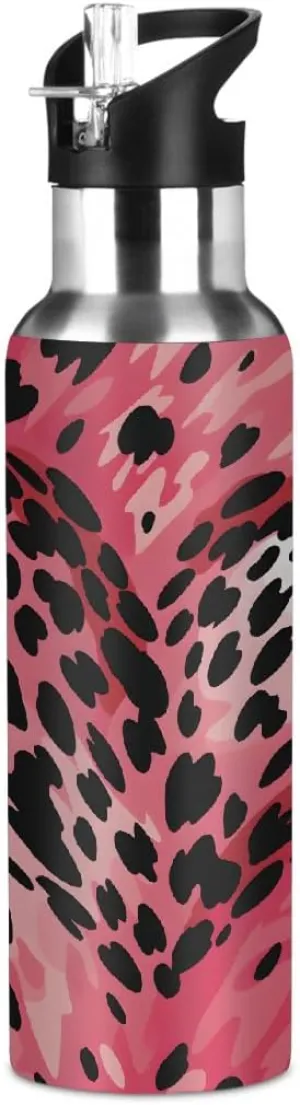 Insulated Leakproof Vacuum Insulated Tumblers for School Travel Sport Water Bottle with Straw Leopard Print Love retrospect Heart Kids Water Bottle Stainless Steel 