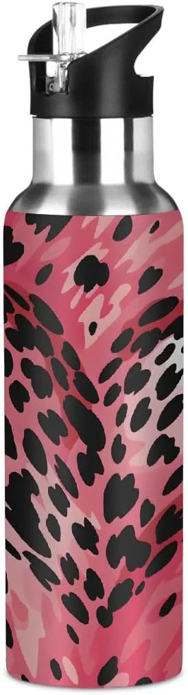 Insulated Leakproof Vacuum Insulated Tumblers for School Travel Sport Water Bottle with Straw Leopard Print Love retrospect Heart Kids Water Bottle Stainless Steel 