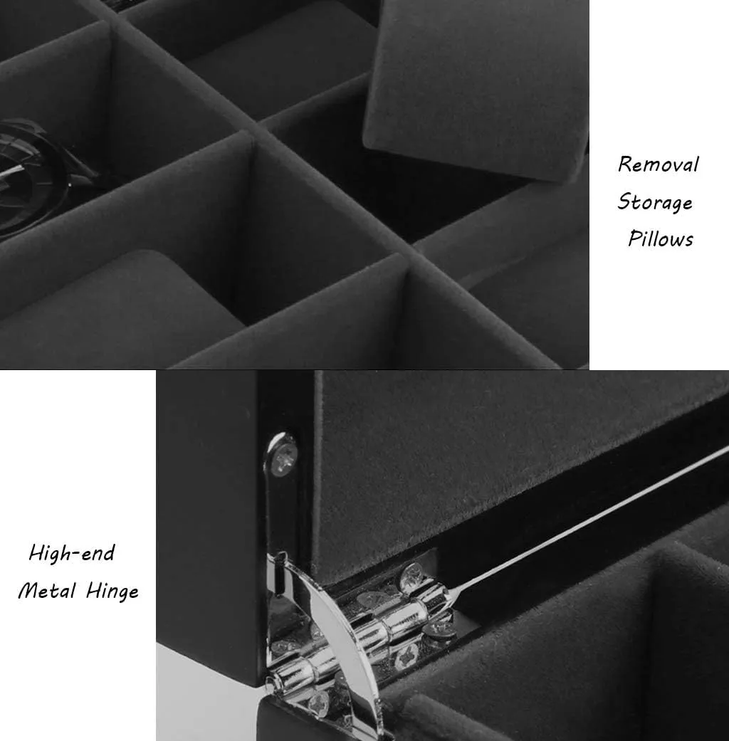 Interior with unnecessary 12 Pillows Metal Clasp Showcase Organizer 12-Slot Watch Display Storage Box for Men/Women with Accessories Tray Wooden Exterior Soft Lining 