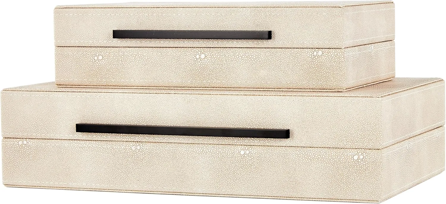 Ivory Stacking Boxes with Black Metal Handles Home Organizer Box Denique Shagreen Decorative Boxes Set of 2, Leather Jewelry Storage Box Modern Storage Boxes with hatchet Lids, 