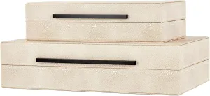 Ivory Stacking Boxes with Black Metal Handles Home Organizer Box Denique Shagreen Decorative Boxes Set of 2, Leather Jewelry Storage Box Modern Storage Boxes with hatchet Lids, 