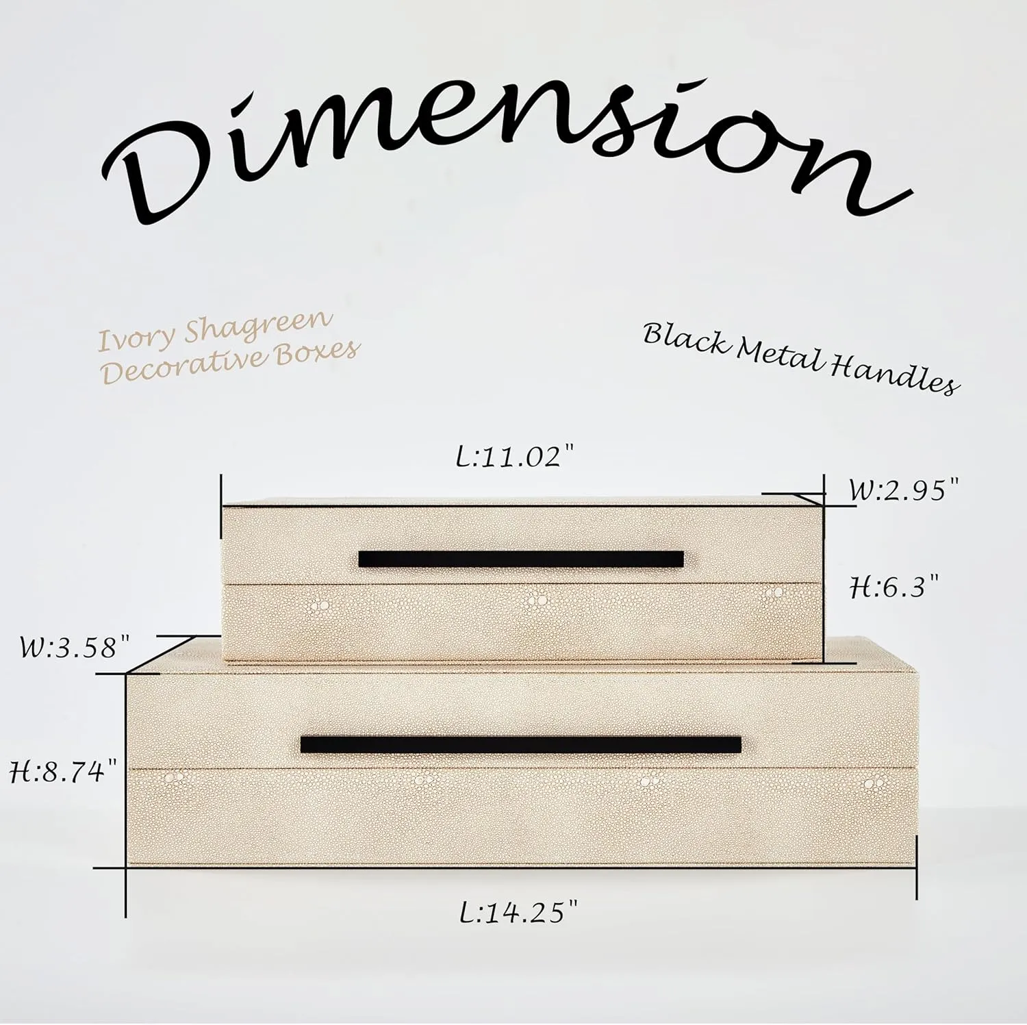 Ivory Stacking Boxes with Black Metal Handles Home Organizer Box Denique Shagreen Decorative Boxes Set of 2, Leather Jewelry Storage Box Modern Storage Boxes with hatchet Lids, 