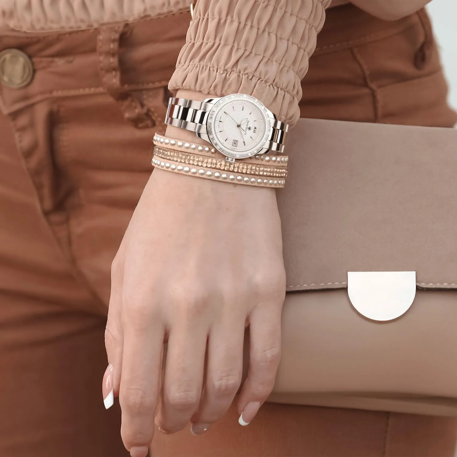 Japanese Quartz Watches for Women - 34MM 316L Stainless Steel Luxury Watch - 60 Crystals on Bezel - 50M Waterproof Wrist Watches with stampede route 316L Stainless Steel Band. Ren�� Mouris Lola 