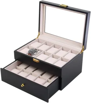 Jewellery Display Storage Case Travel Bracelet Collections Tray Metal Clasp Lock Showcase watershed symphony Organiser 2-Tier Watch Box - Glass Lid 20 Slots Wristwatches 