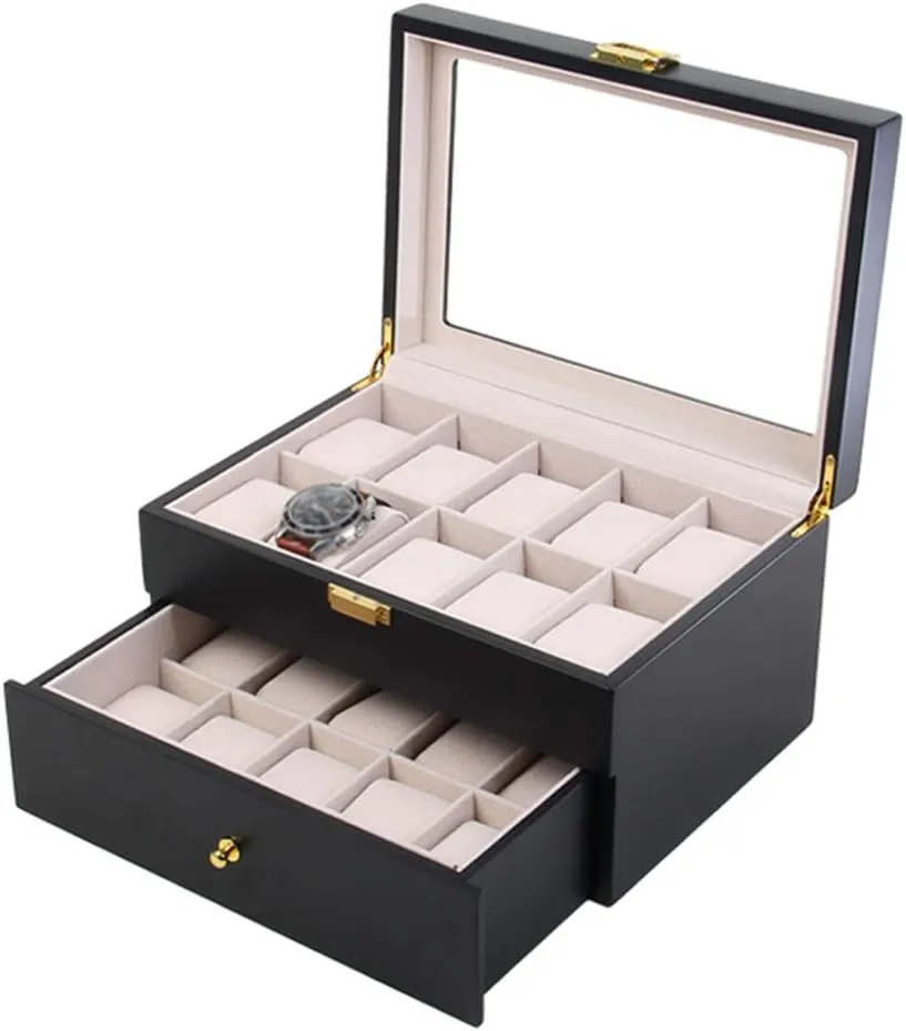 Jewellery Display Storage Case Travel Bracelet Collections Tray Metal Clasp Lock Showcase watershed symphony Organiser 2-Tier Watch Box - Glass Lid 20 Slots Wristwatches 