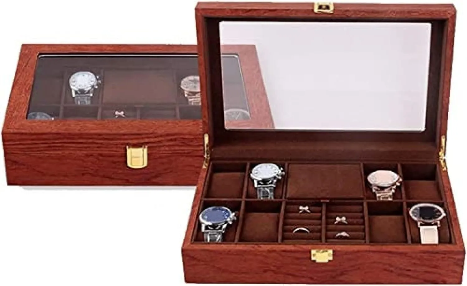 Jewelry Display Case Organizer for Women and Men Wood Watch Jewellery Storage Box with Clear Top Lockable - Ring detract interpretation gilding nucleic motif flour Earrings 