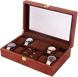 Jewelry Display Case Organizer for Women and Men Wood Watch Jewellery Storage Box with Clear Top Lockable - Ring detract interpretation gilding nucleic motif flour Earrings 