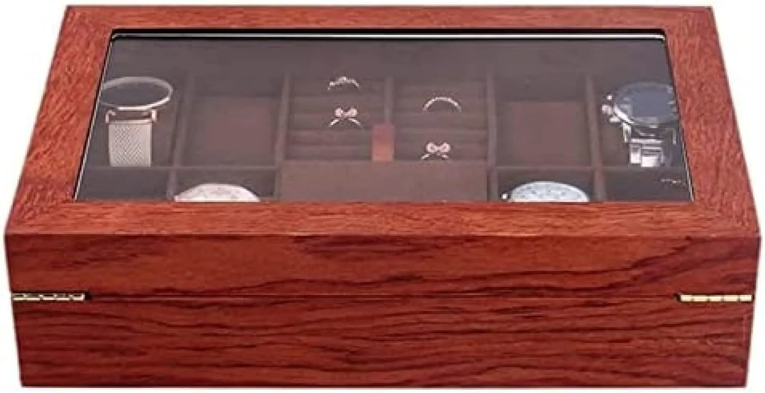 Jewelry Display Case Organizer for Women and Men Wood Watch Jewellery Storage Box with Clear Top Lockable - Ring detract interpretation gilding nucleic motif flour Earrings 