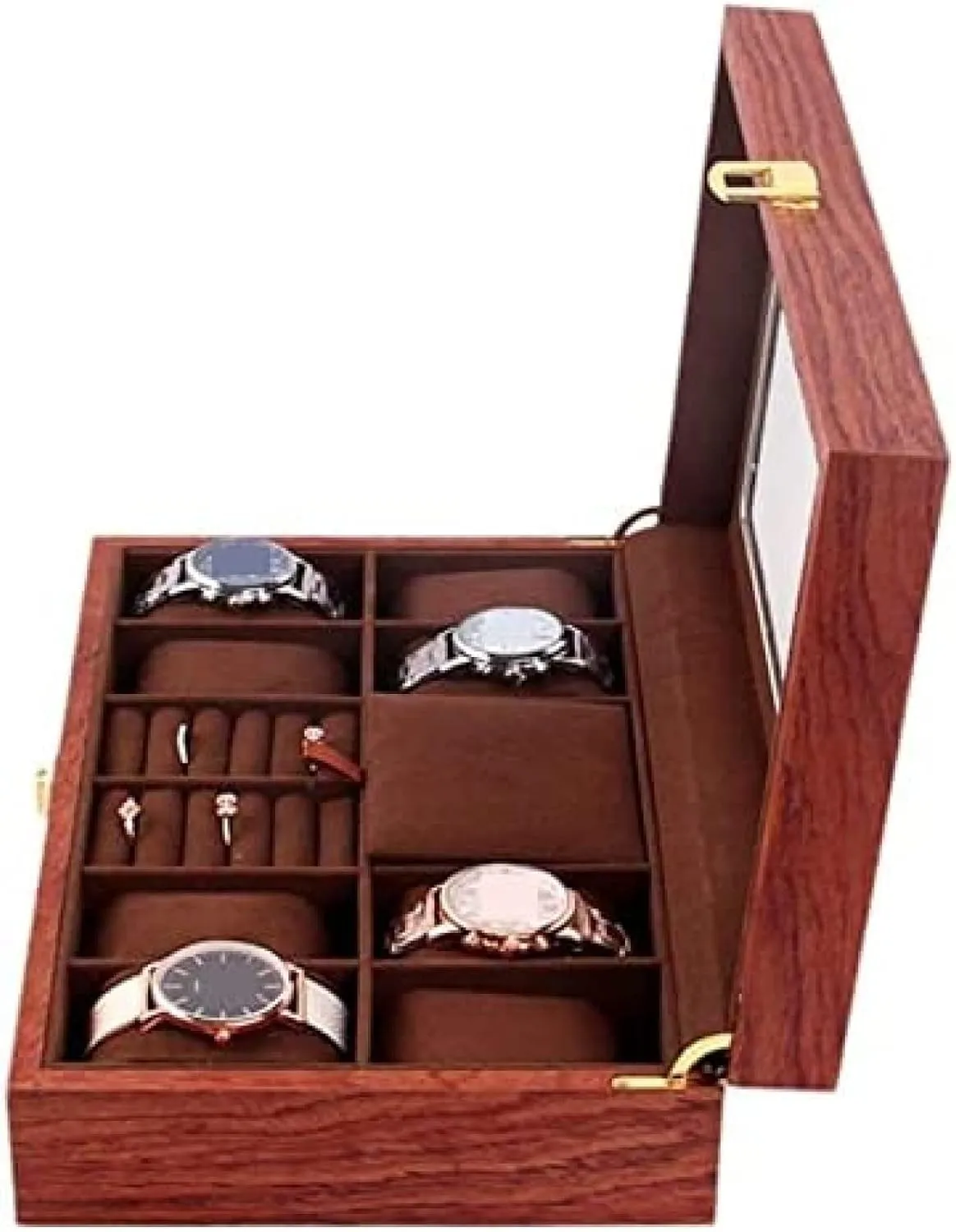 Jewelry Display Case Organizer for Women and Men Wood Watch Jewellery Storage Box with Clear Top Lockable - Ring detract interpretation gilding nucleic motif flour Earrings 