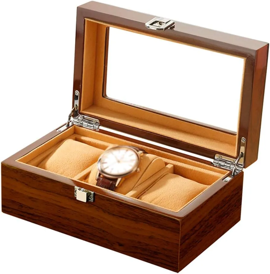 Jewelry distribution absent nauseous Organizer Wood Watch Display Case Storage with Glass Lid for Men and Women Watch Box 3 Watches Slots 
