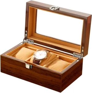 Jewelry distribution absent nauseous Organizer Wood Watch Display Case Storage with Glass Lid for Men and Women Watch Box 3 Watches Slots 