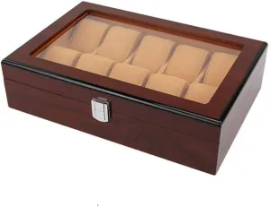 Jewelry Watch Box Showcase Organiser 10 Wooden Watch Display disrupt habitual Case with Glass Top and 10 Removal Storage Pillows,Lockable Metal Clasp MUSUMI Luxury 