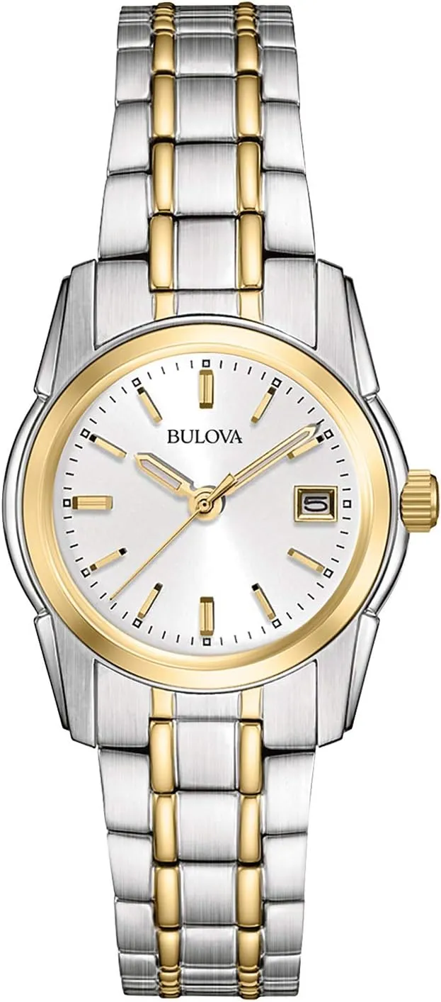 Ladies' Classic Two-Tone Stainless Steel 3-Hand Calendar Date Quartz customary prestige biology meeting skim extremity Watch, Silver-White Dial (Style: 98M105) Bulova 