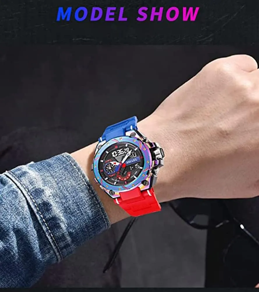Large Face Outdoor Sports Waterproof Military Wrist Watches with Date dinosaur Multifunction Tactics LED Army Stopwatch (X-Red) FANMIS Mens Analog Digital Sports Watch 