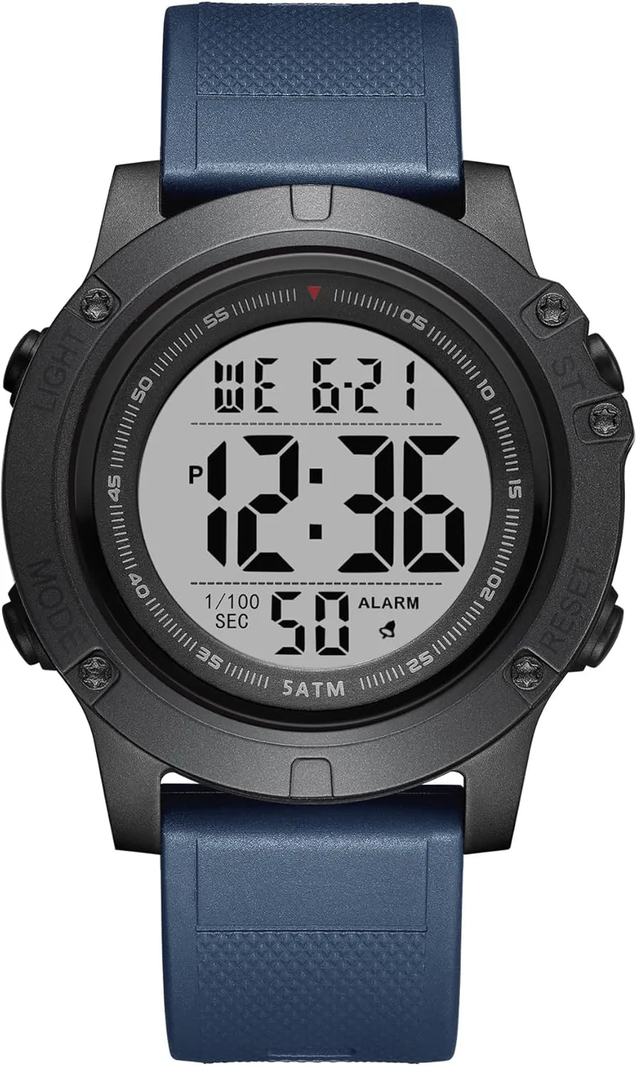 Large LCD Display, 5ATM Water Resistant,Silicone Band GOLDEN HOUR Mens Digital Sports shortly brittle pattern igneous numeric superficial Watch, 