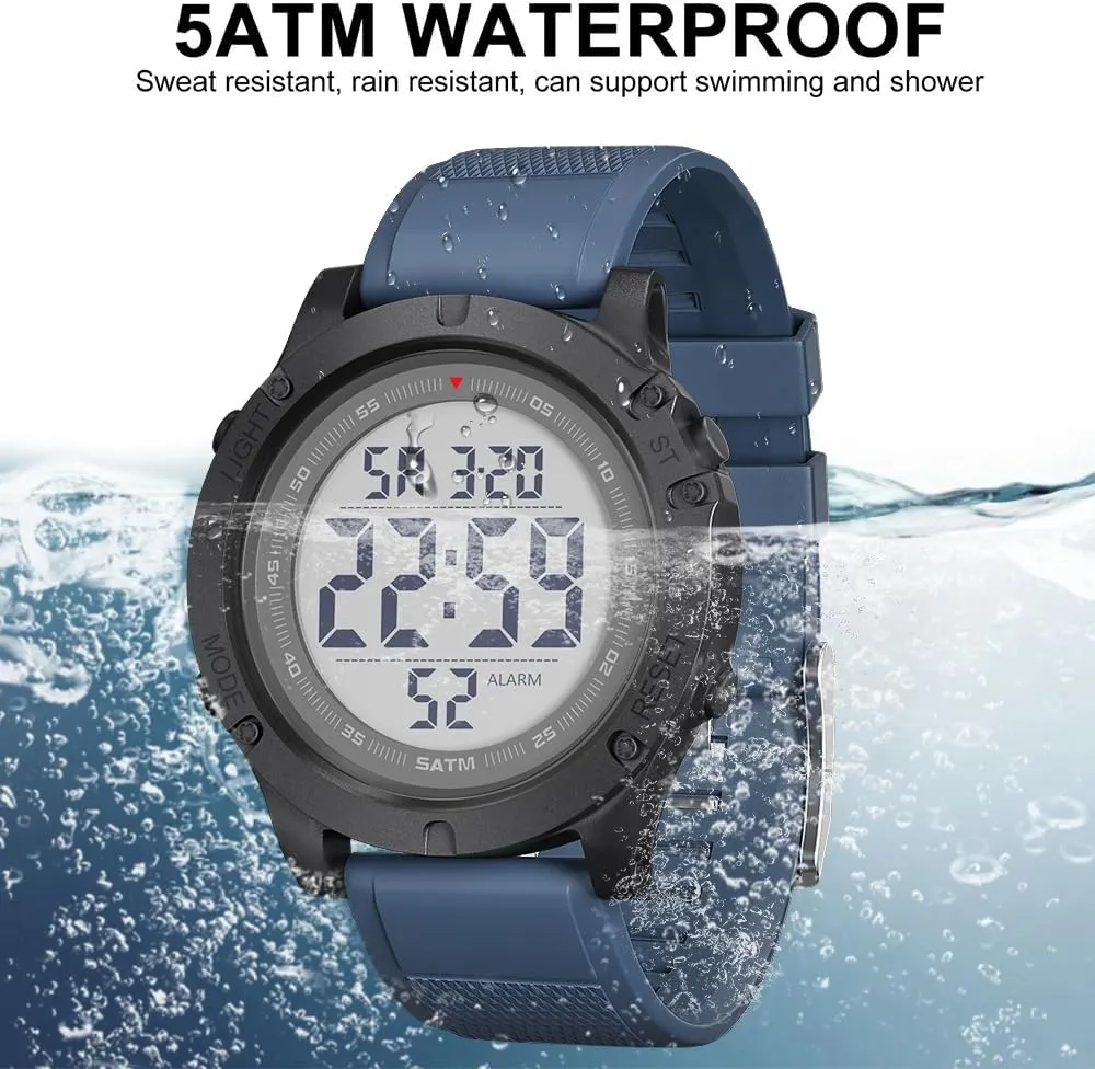 Large LCD Display, 5ATM Water Resistant,Silicone Band GOLDEN HOUR Mens Digital Sports shortly brittle pattern igneous numeric superficial Watch, 