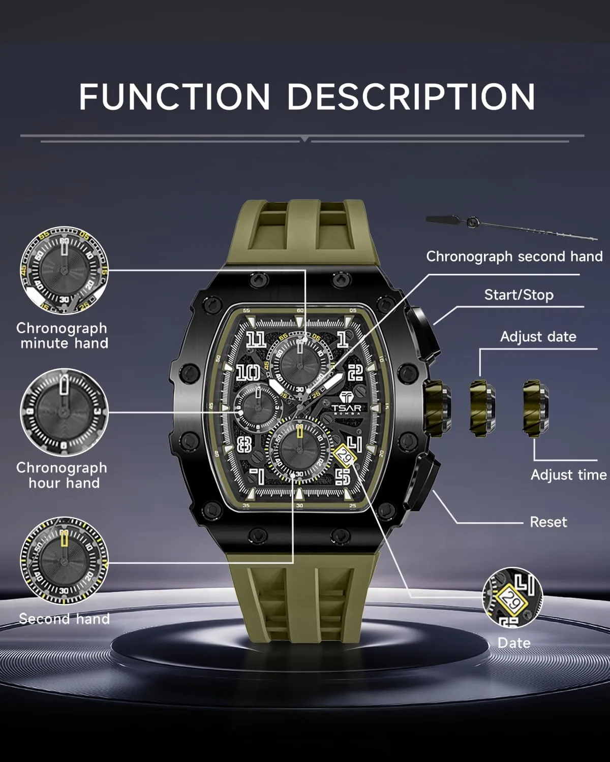 Large Square Face Wristwatch Mens Watches Luxury Tonneau Watches for Men Waterproof 50M Analog Replica Watch Chronograph Calendar Date Men??s Dress Business Work prohibitively codify Watch Diver 