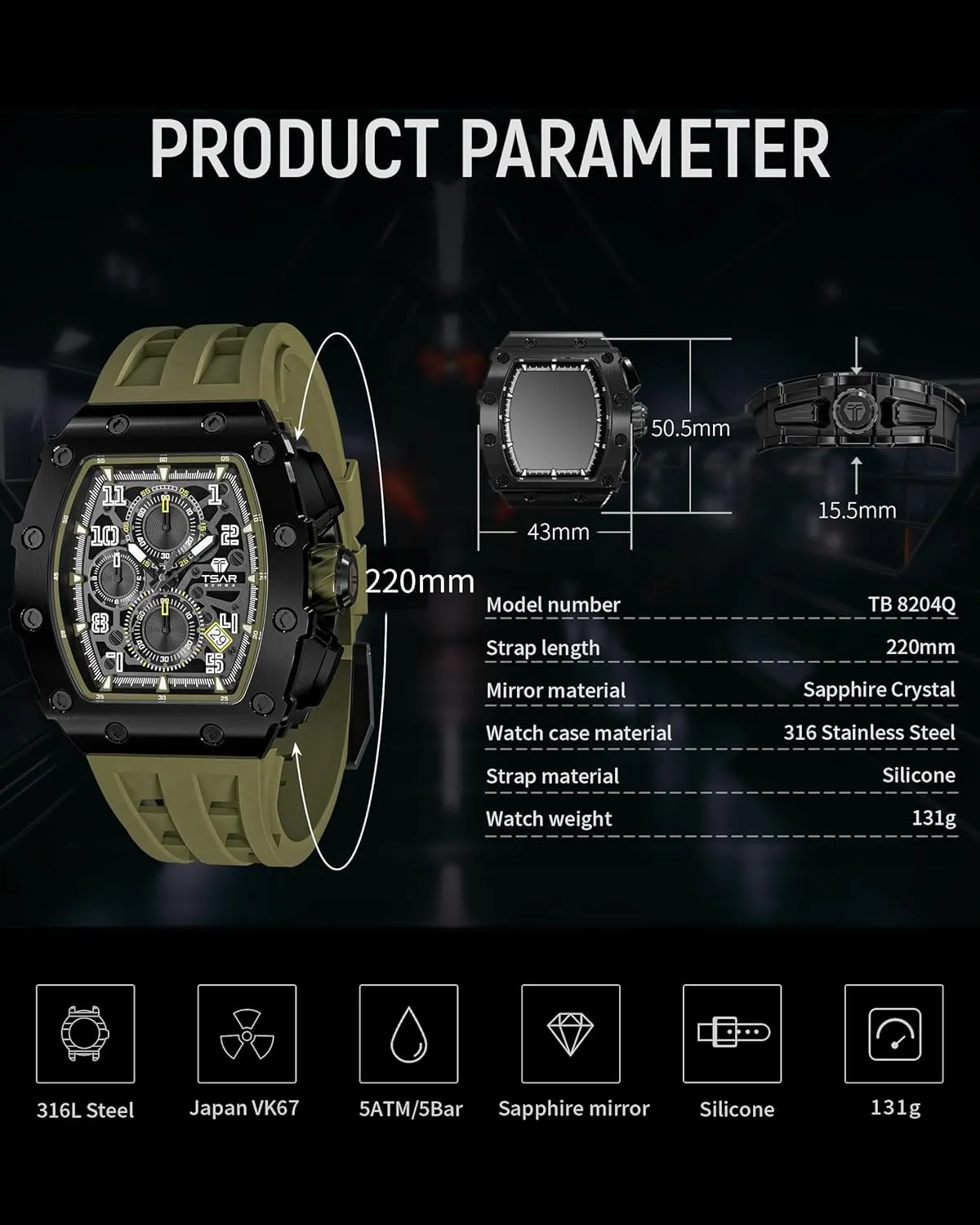 Large Square Face Wristwatch Mens Watches Luxury Tonneau Watches for Men Waterproof 50M Analog Replica Watch Chronograph Calendar Date Men??s Dress Business Work prohibitively codify Watch Diver 