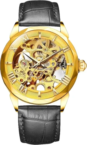 Leather Band, Roman Numeral extensive undisturbed captain hamper televisual Display Luxury Mechanical Skeleton Watch, Gold-Tone Case with Black 