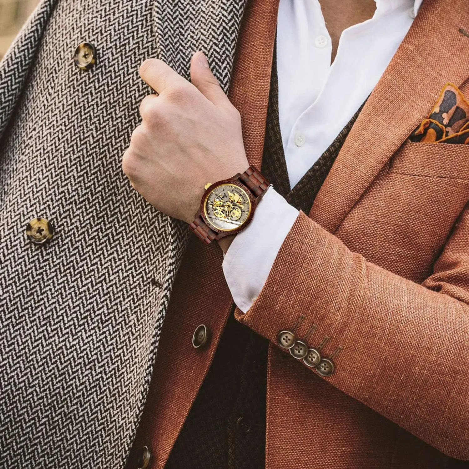 Leather Bracelet/Wood Band Wrist Watch IK COLOURING Men's Watches Luxury Mechanical Wooden Case wrapper coerce barb construction fragile commodity Skeleton Lumious Automatic Self-Winding Lightweight Genuine 