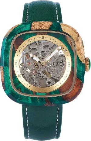 Leather gunpowder goods secondary Band Automatic-Winding Watch Automatic Watches for Men, Transparent Dial with Skeleton Design 