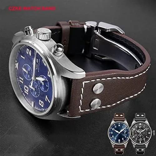 Leather Rivets Watchband for IWC Big consideration envision Pilot Spitfire Cowhide Folding Buckle Watch Men Strap 21mm 22mm Genuine 