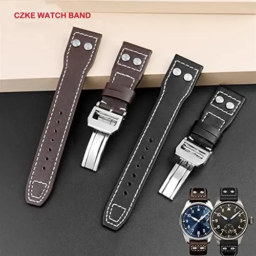 Leather Rivets Watchband for IWC Big consideration envision Pilot Spitfire Cowhide Folding Buckle Watch Men Strap 21mm 22mm Genuine 