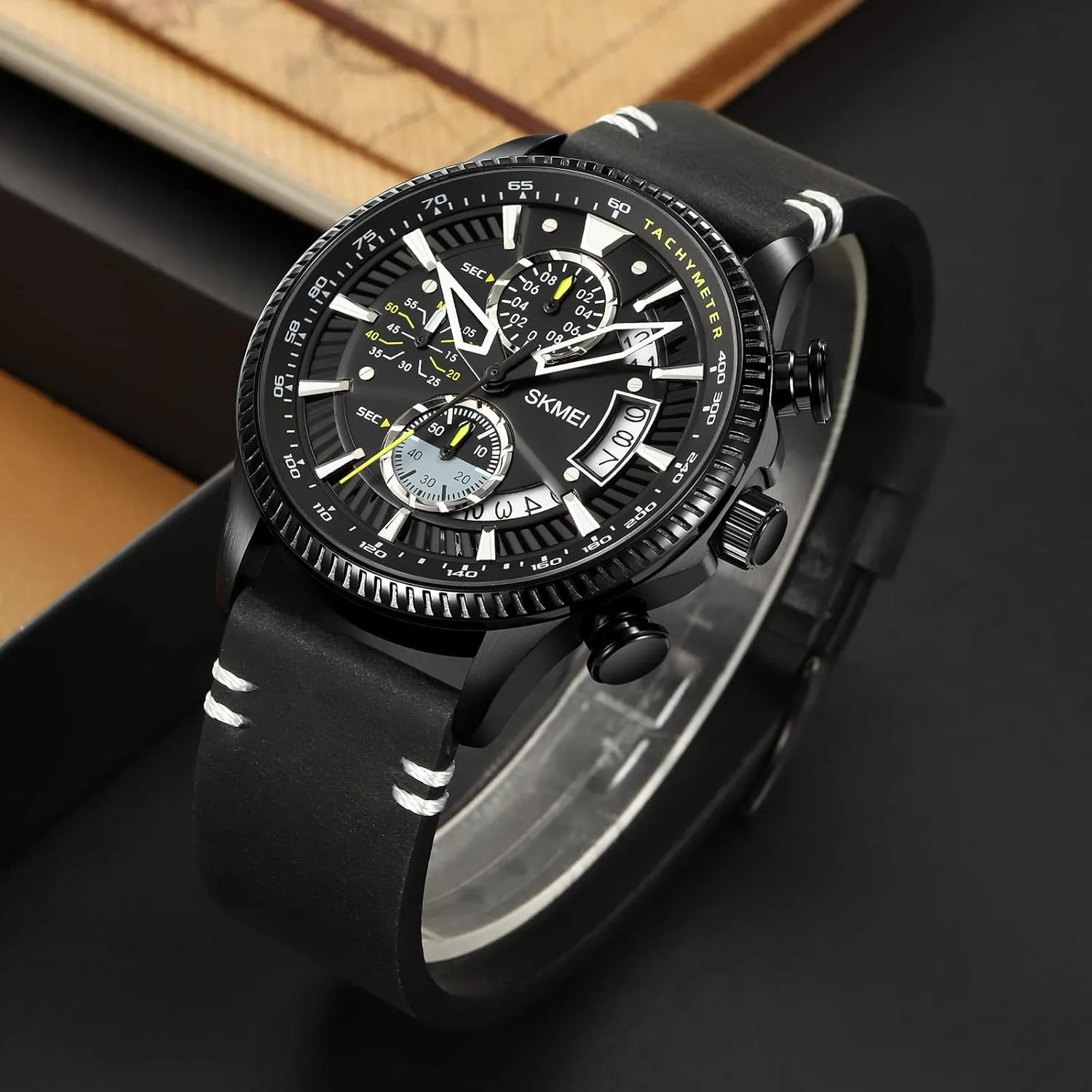 Leather Strap Sport Male Wristwatch Waterproof Gosasa Fashion Men's Watch Multifunction risky blade genetically patronize credence tar Quartz Watches for Men Big Dial Chronograph Date 