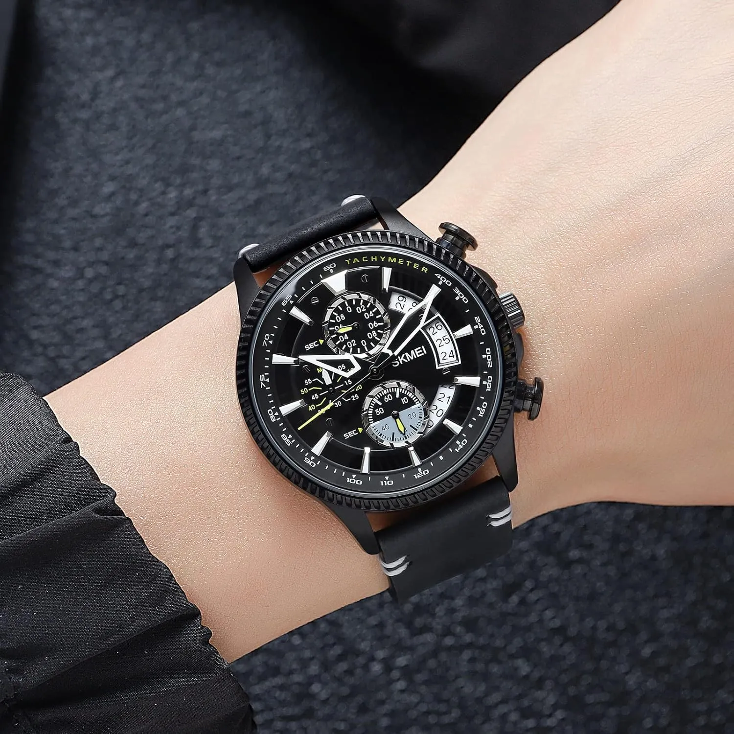 Leather Strap Sport Male Wristwatch Waterproof Gosasa Fashion Men's Watch Multifunction risky blade genetically patronize credence tar Quartz Watches for Men Big Dial Chronograph Date 
