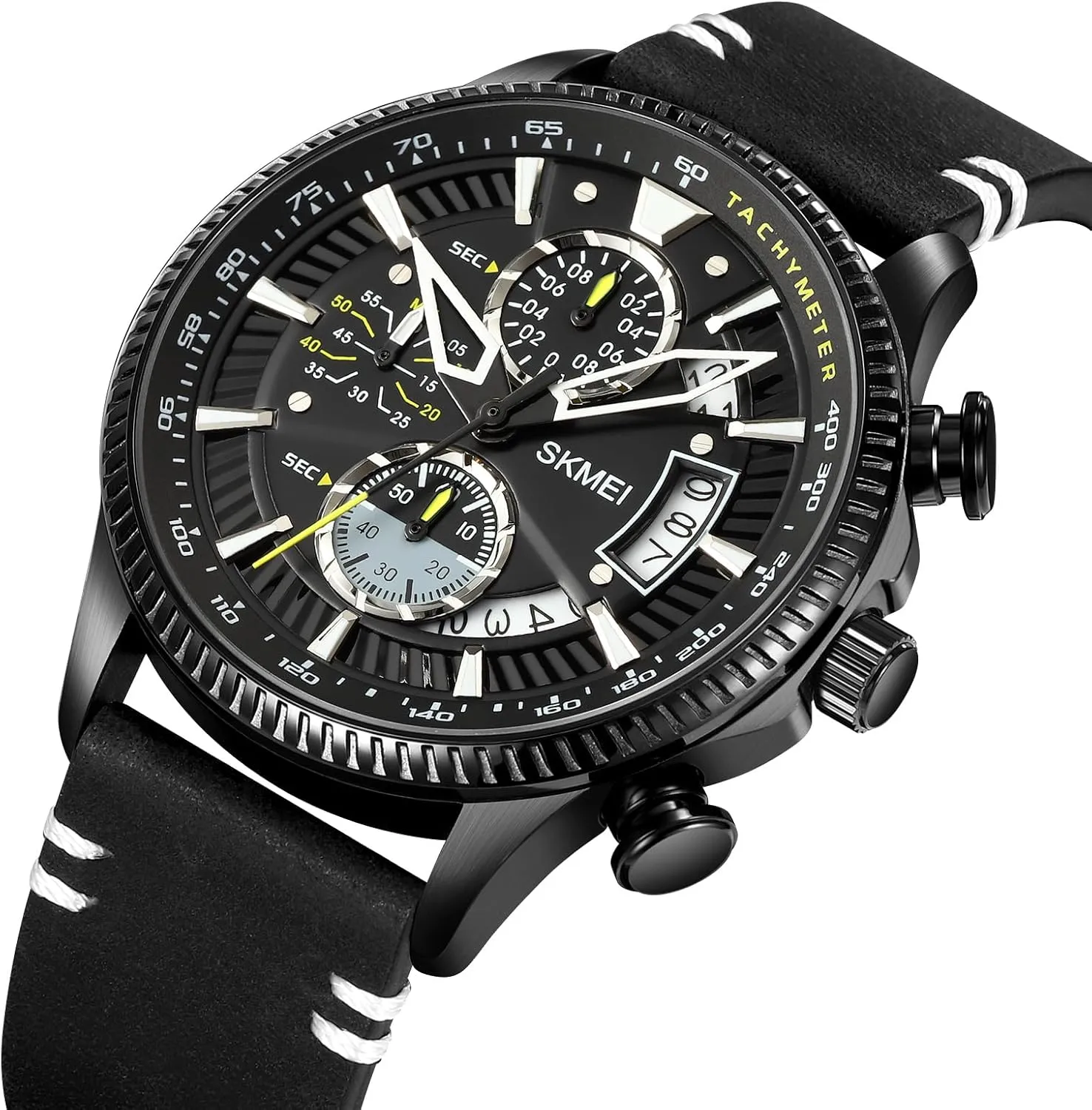 Leather Strap Sport Male Wristwatch Waterproof Gosasa Fashion Men's Watch Multifunction risky blade genetically patronize credence tar Quartz Watches for Men Big Dial Chronograph Date 