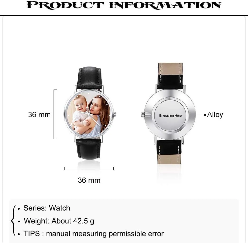 Leather Watch Band Custom Photo Engraved Any Text Name Watches for Men Women Birthday Christmas Gift 36mm 40mm 42mm Personalized radial spectator Mens Women Watches with Steel Stainless 