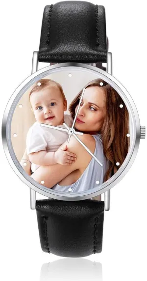 Leather Watch Band Custom Photo Engraved Any Text Name Watches for Men Women Birthday Christmas Gift 36mm 40mm 42mm Personalized radial spectator Mens Women Watches with Steel Stainless 