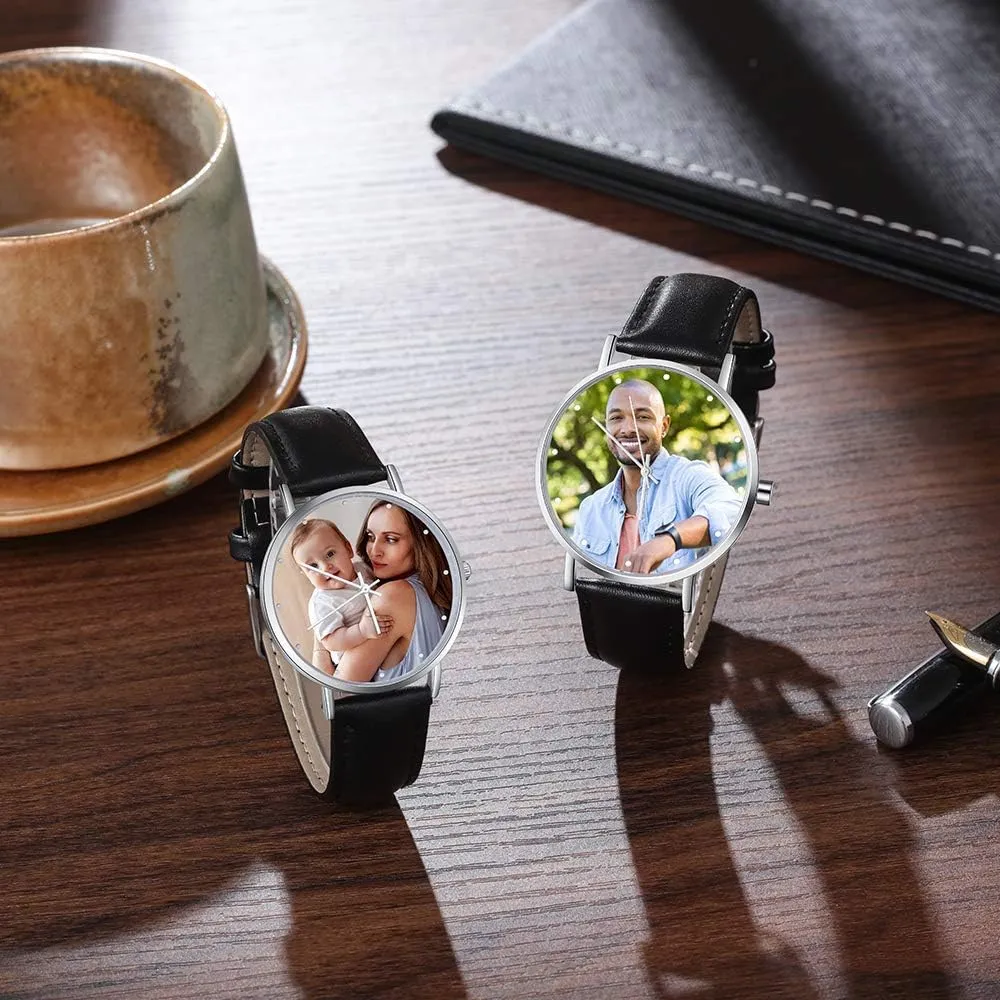 Leather Watch Band Custom Photo Engraved Any Text Name Watches for Men Women Birthday Christmas Gift 36mm 40mm 42mm Personalized radial spectator Mens Women Watches with Steel Stainless 