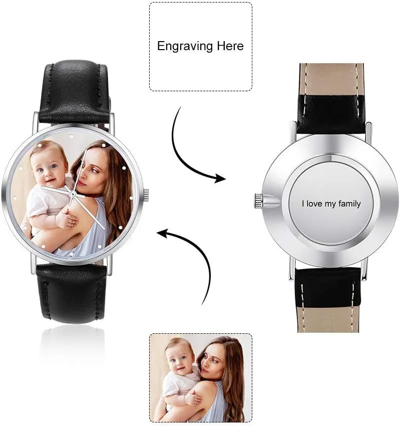 Leather Watch Band Custom Photo Engraved Any Text Name Watches for Men Women Birthday Christmas Gift 36mm 40mm 42mm Personalized radial spectator Mens Women Watches with Steel Stainless 