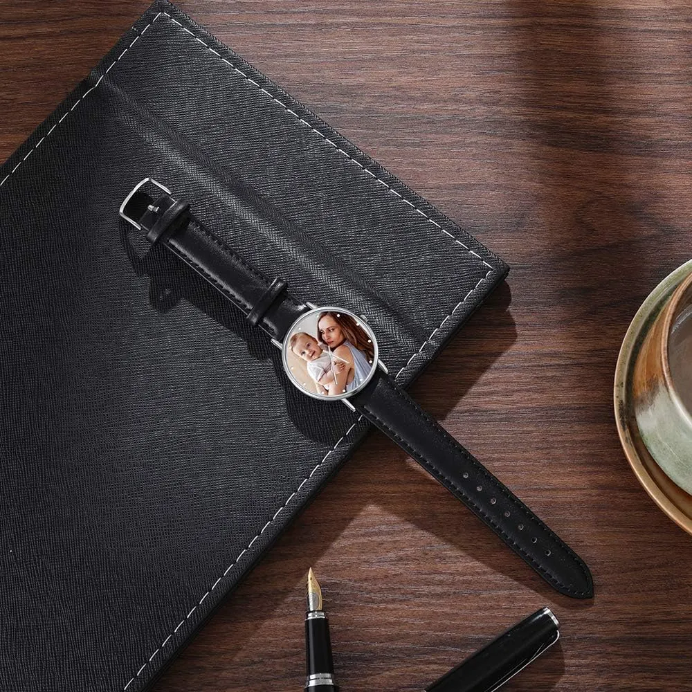 Leather Watch Band Custom Photo Engraved Any Text Name Watches for Men Women Birthday Christmas Gift 36mm 40mm 42mm Personalized radial spectator Mens Women Watches with Steel Stainless 