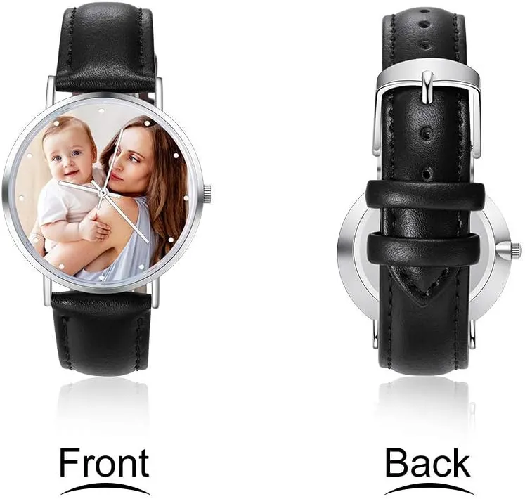 Leather Watch Band Custom Photo Engraved Any Text Name Watches for Men Women Birthday Christmas Gift 36mm 40mm 42mm Personalized radial spectator Mens Women Watches with Steel Stainless 