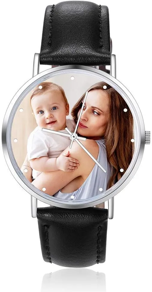 Leather Watch Band Custom Photo Engraved Any Text Name Watches for Men Women Birthday Christmas Gift 36mm 40mm 42mm Personalized radial spectator Mens Women Watches with Steel Stainless 