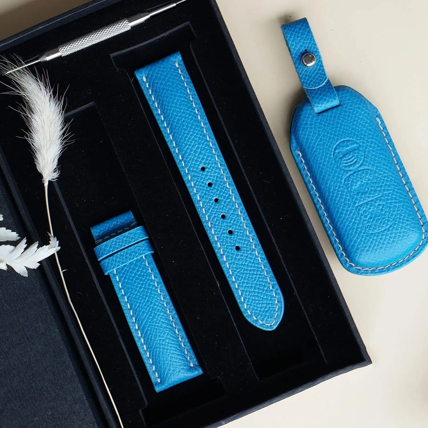 leather watch band, Handmade shrewd Calf leather watch strap (23mm, Steel Tang Buckle) Blue Epsom 