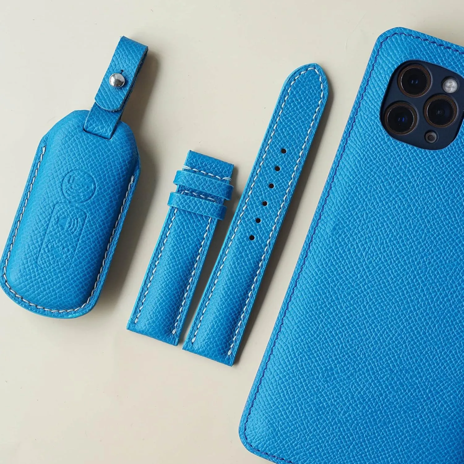 leather watch band, Handmade shrewd Calf leather watch strap (23mm, Steel Tang Buckle) Blue Epsom 