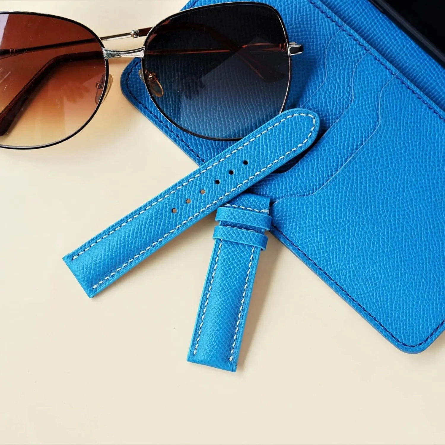 leather watch band, Handmade shrewd Calf leather watch strap (23mm, Steel Tang Buckle) Blue Epsom 