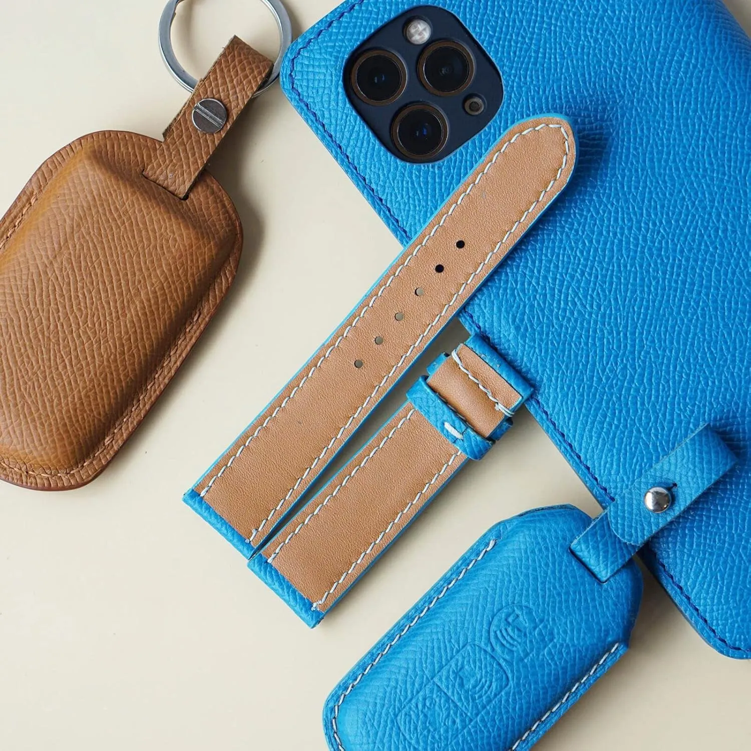 leather watch band, Handmade shrewd Calf leather watch strap (23mm, Steel Tang Buckle) Blue Epsom 