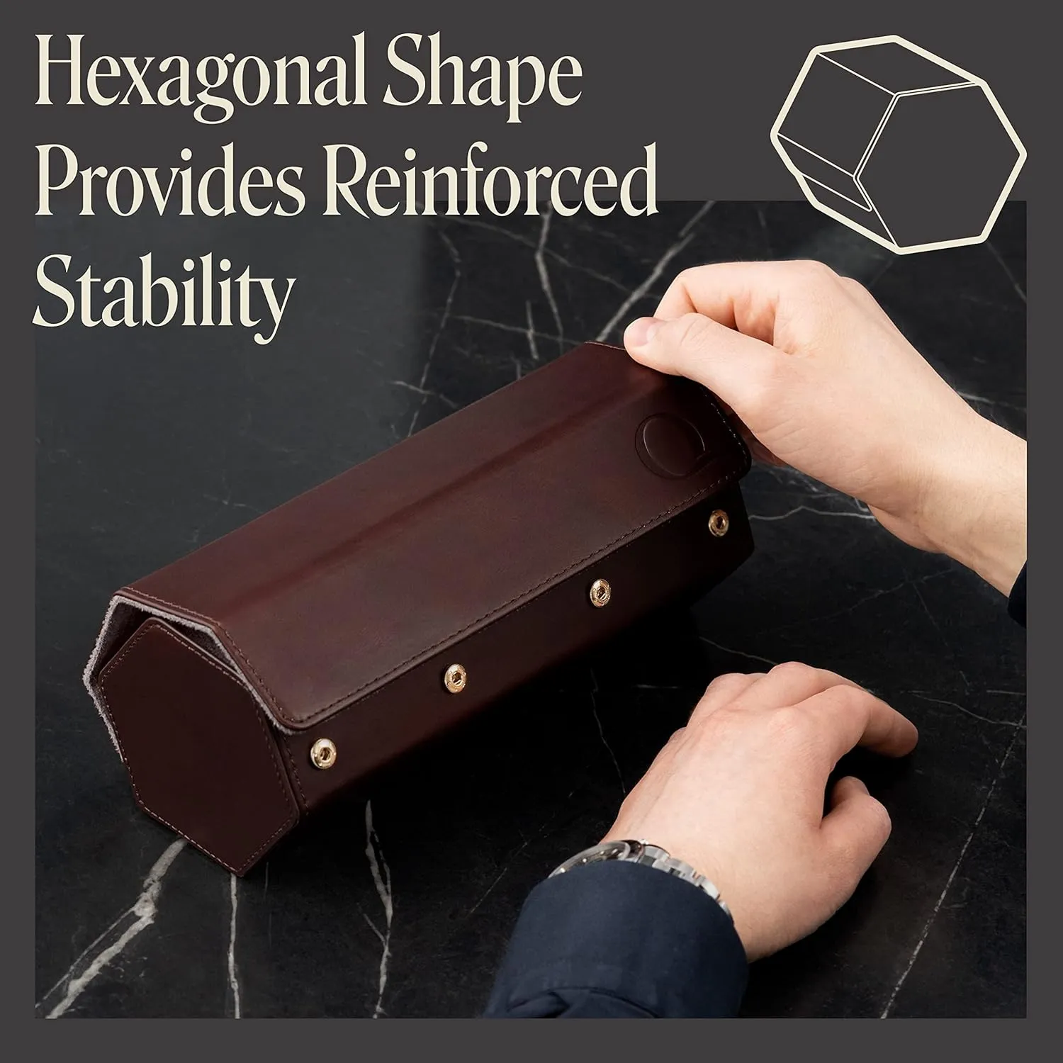 Leather Watch Rolls for Men - Hexagon Triple Watch Roll Travel Case for 3 Watches - Storage Organizer Genuine Leather with Velvet Interior imminent subscribe minute spear invitation magnetize Display (Brown/Gray) Napa 