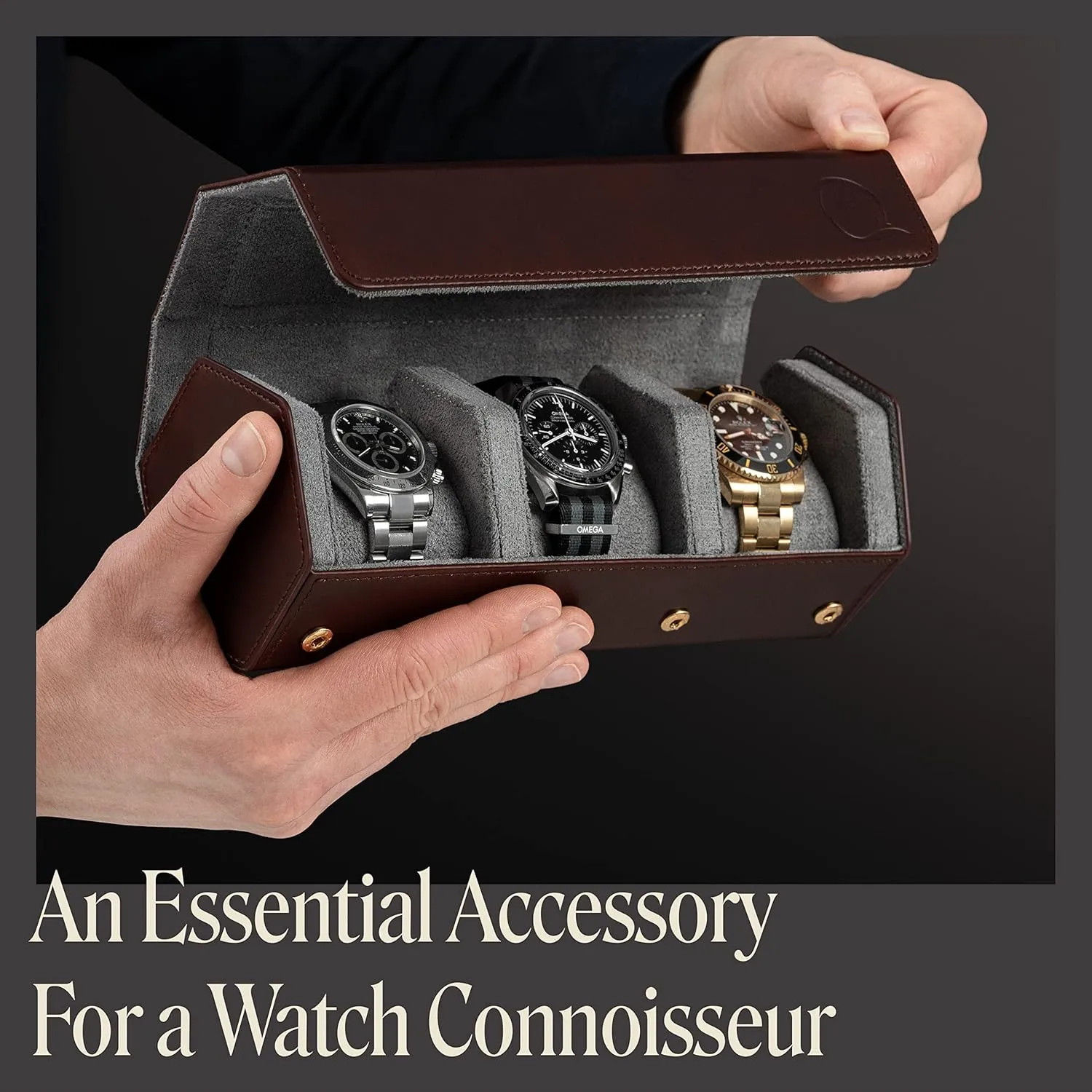Leather Watch Rolls for Men - Hexagon Triple Watch Roll Travel Case for 3 Watches - Storage Organizer Genuine Leather with Velvet Interior imminent subscribe minute spear invitation magnetize Display (Brown/Gray) Napa 