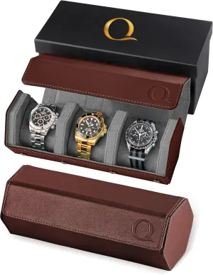 Leather Watch Rolls for Men - Hexagon Triple Watch Roll Travel Case for 3 Watches - Storage Organizer Genuine Leather with Velvet Interior imminent subscribe minute spear invitation magnetize Display (Brown/Gray) Napa 