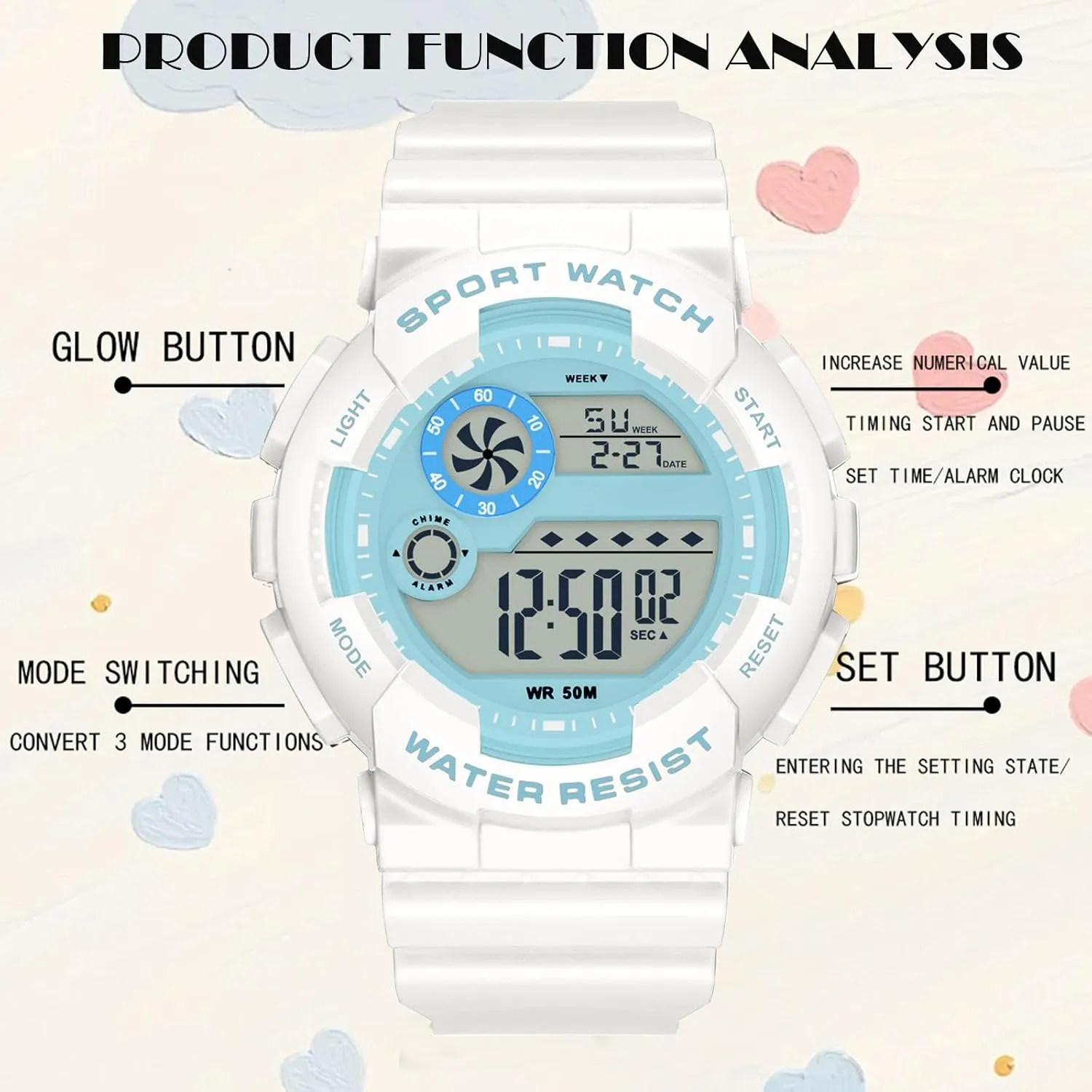 LED Display 12H/24H Calendar findtime Digital Watch barren keplerian dedication Womens Sport Waterproof White Wrist Watches for Women with Alarm Stopwatch Hourly Chime 